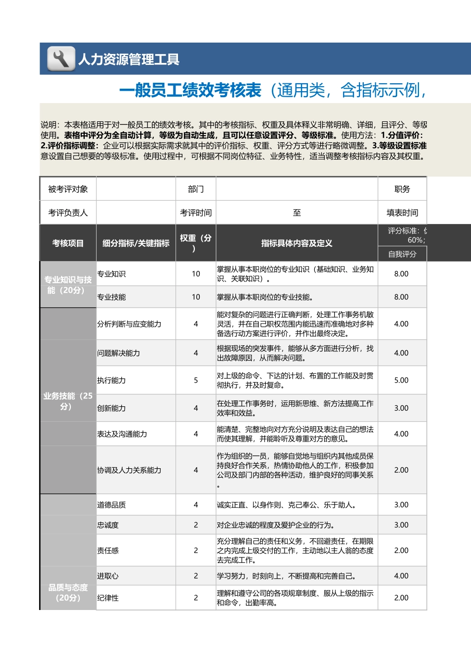【绩效考核工具】一般员工绩效考核表（含指标示例及全自动计算）.xlsx_第1页