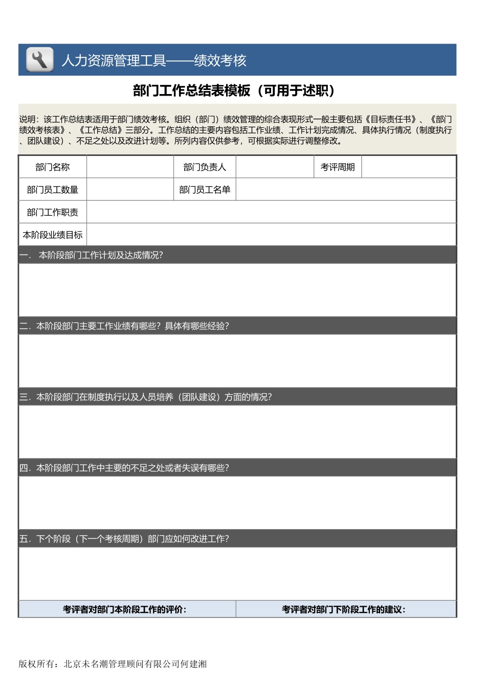 【绩效考核工具】部门工作总结表模板（可用于述职）.xlsx_第1页