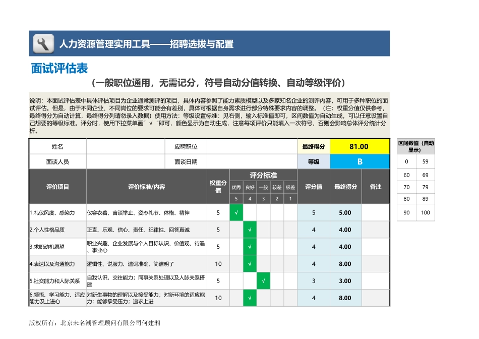 【招聘管理工具】面试评估表（输入符号即可无需记分）.xlsx_第1页