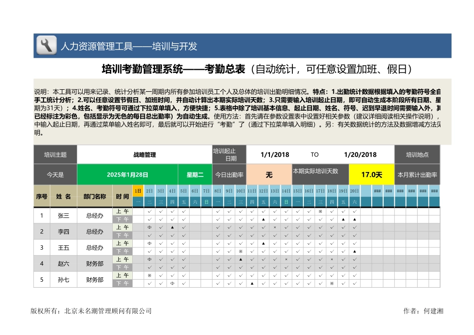 【员工培训与开发】培训考勤管理系统（根据符号自动统计）.xlsx_第1页