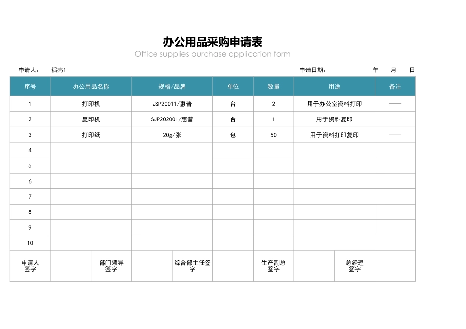 02-【管理表格】-07-办公用品采购申请表 (2).xlsx_第1页