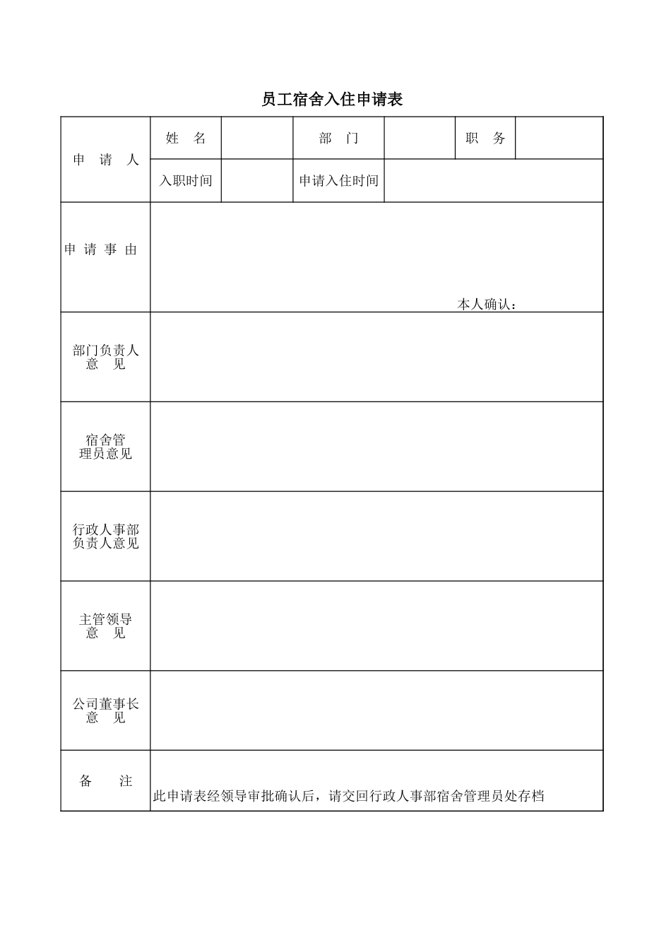 02-【管理表格】-05-公司新进员工宿舍入住申请表 (2).xls_第1页