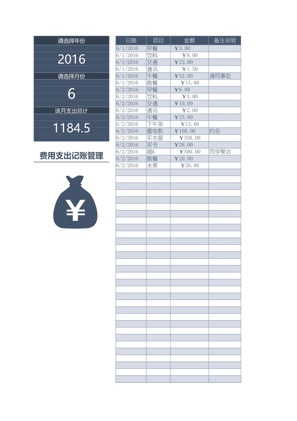 2费用支出记账管理.xlsx_第1页