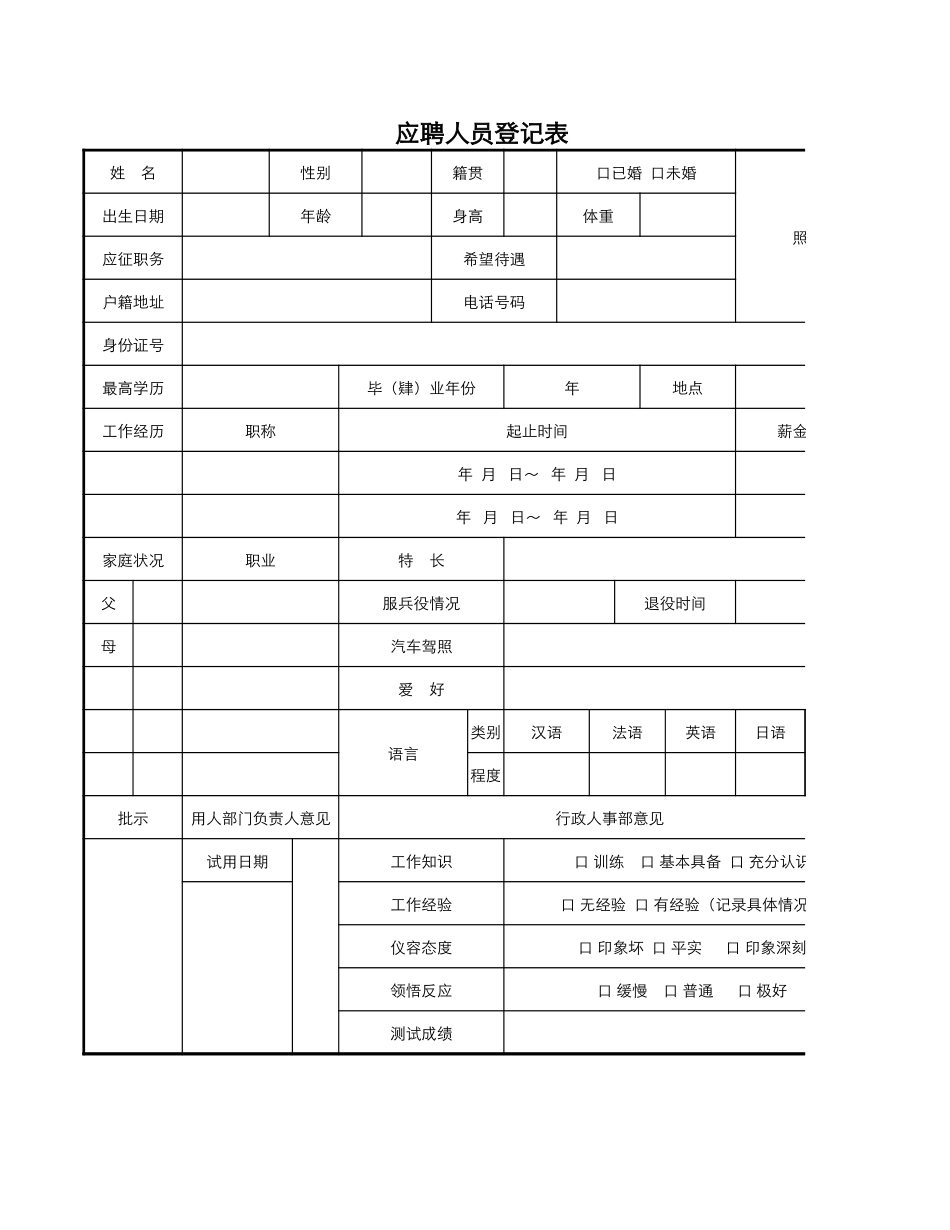 18人事行政应聘人员登记表.xlsx_第1页