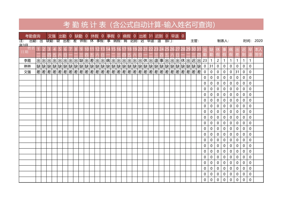 108人事行政管理考勤查询汇总表.xlsx_第1页