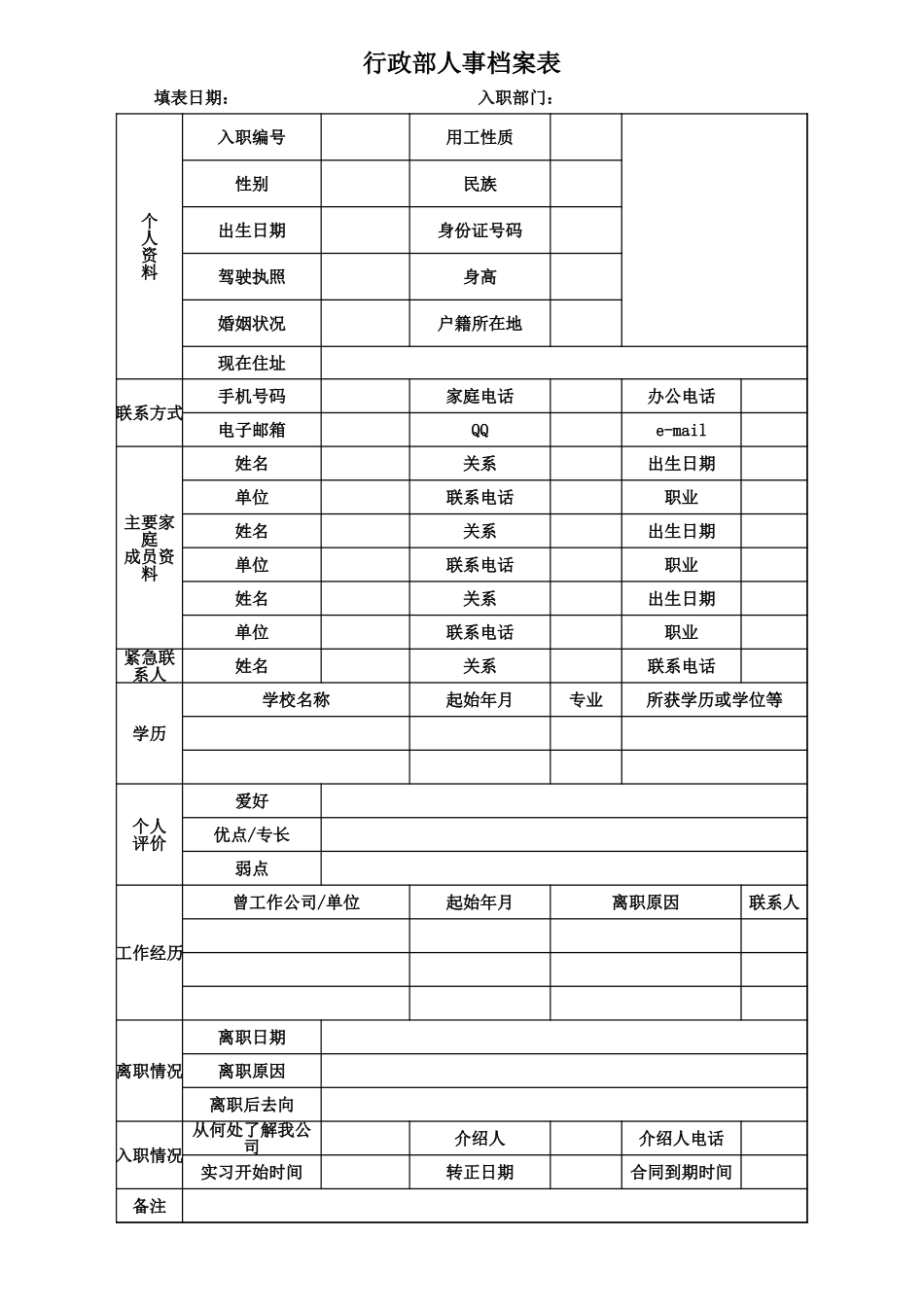99行政部人事登记表.xls_第1页