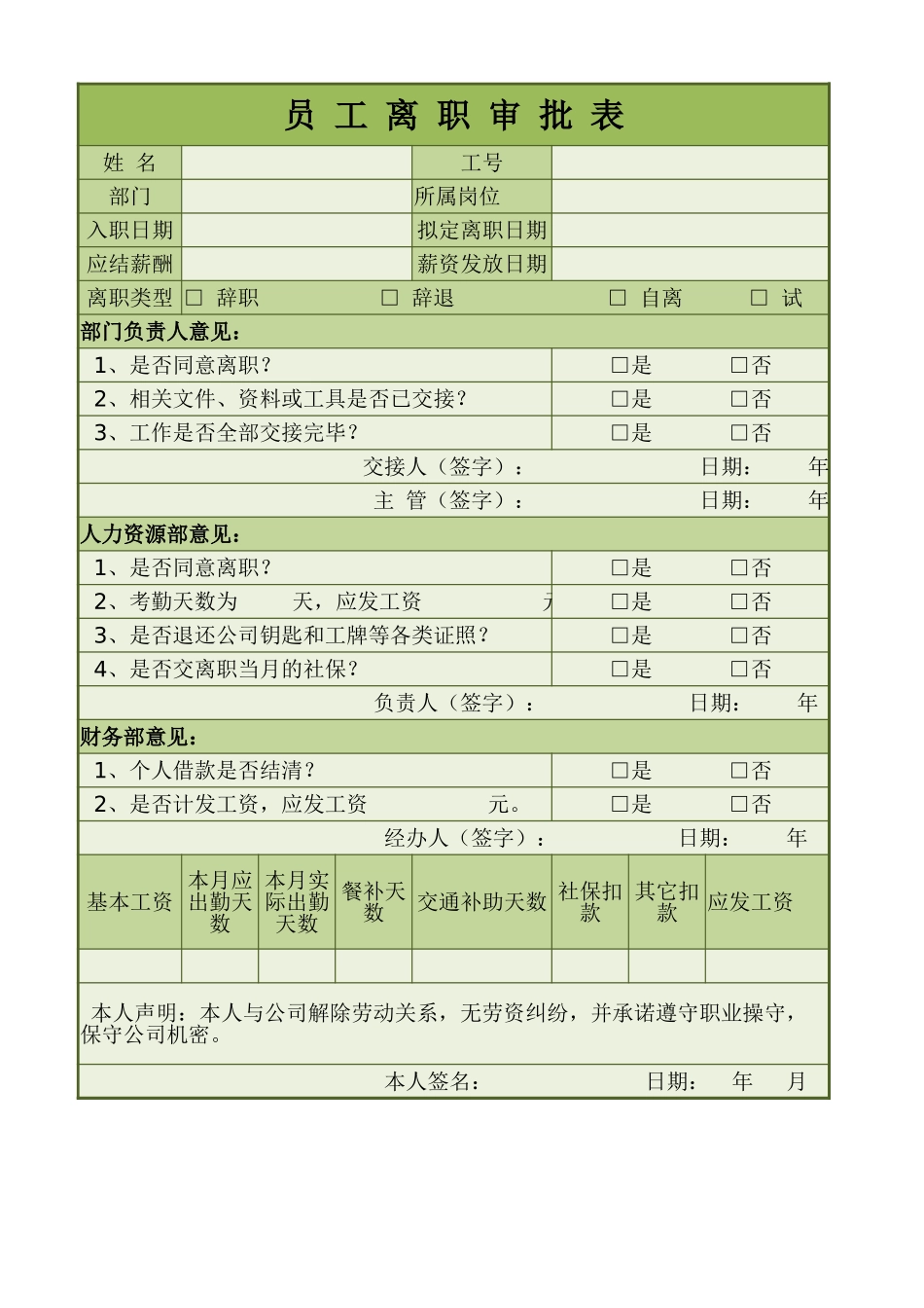 261绿色员工离职审批表excel模板.xlsx_第1页