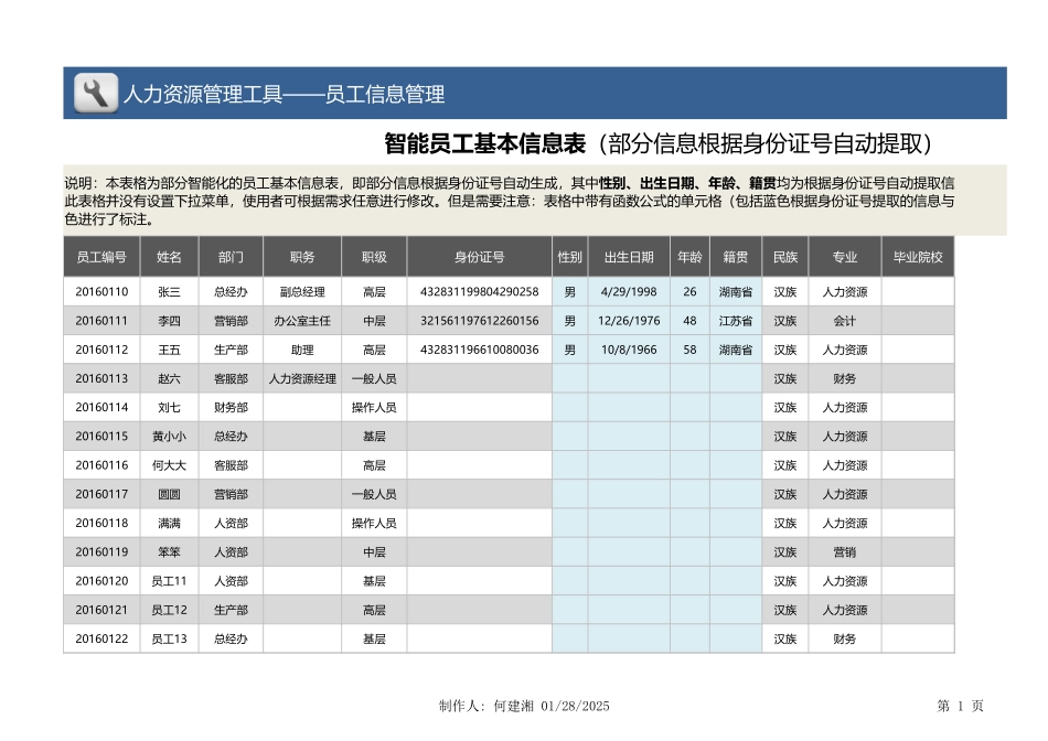 570 【员工信息管理】智能员工基本信息表（部门信息根据身份证号自动生成）.xlsx_第1页