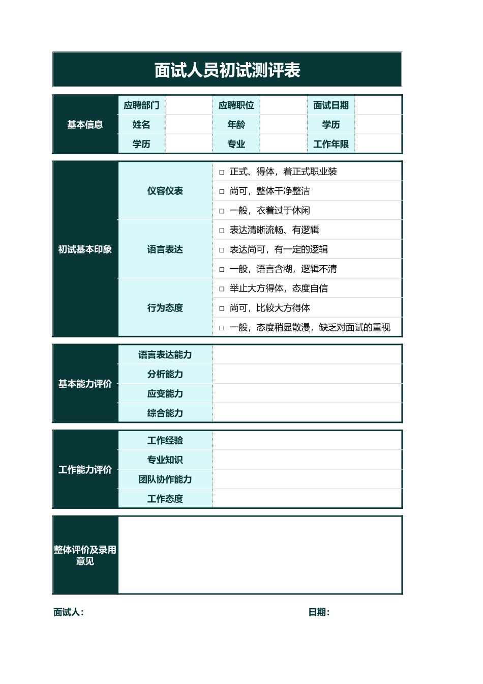 321面试人员初试测评表.xlsx_第1页