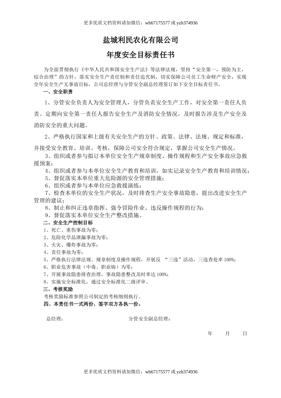 安全目标责任书（分管安全副总）.doc_第1页