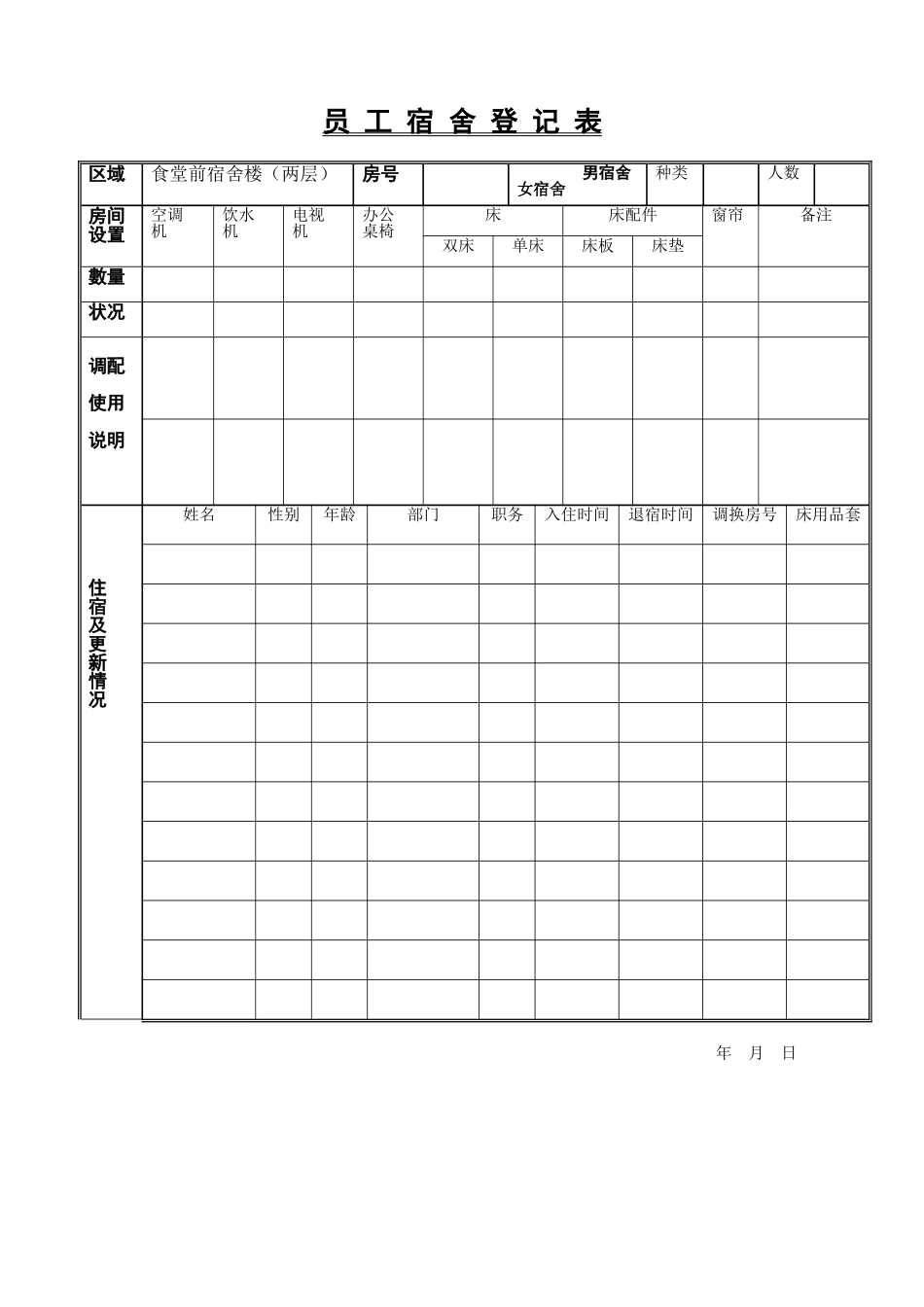 02-【管理表格】-09-员工宿舍登记表.doc_第1页