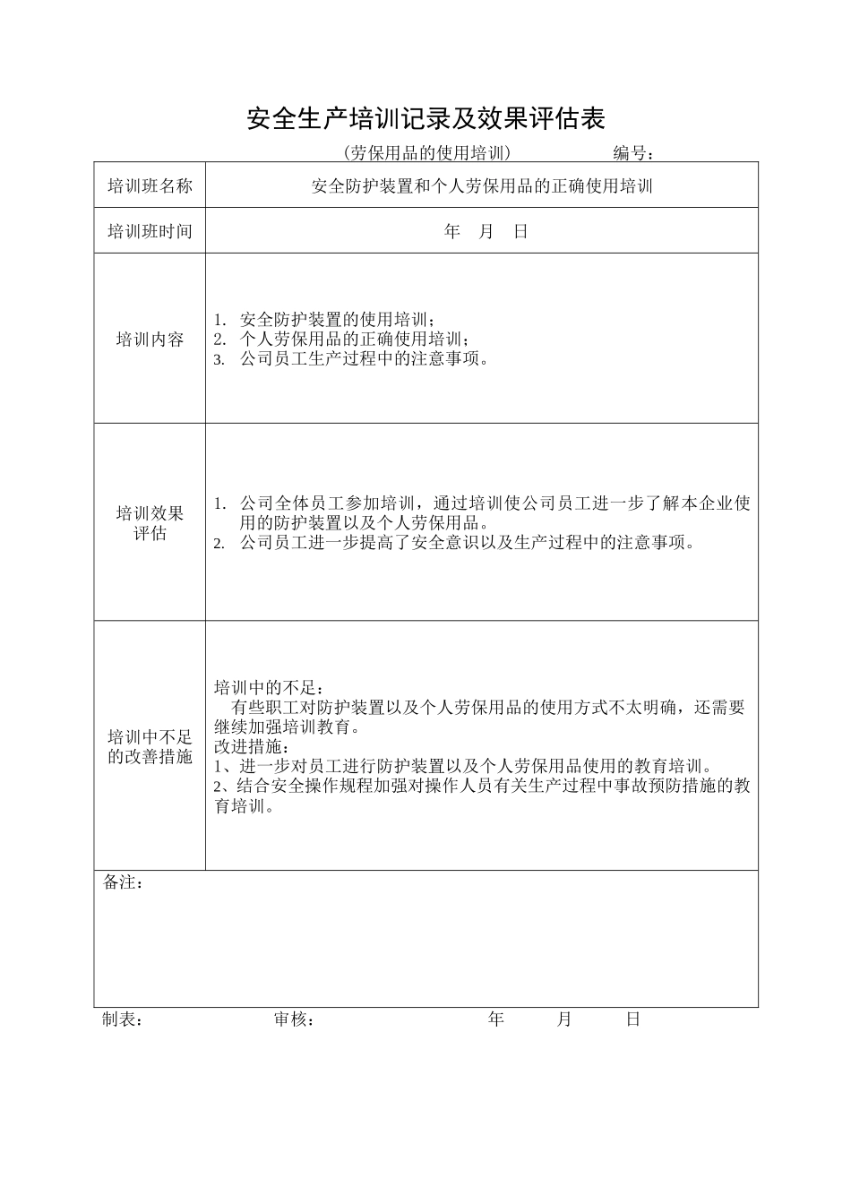 15,安全培训记录效果评估表（劳保用品的使用培训）.doc_第1页