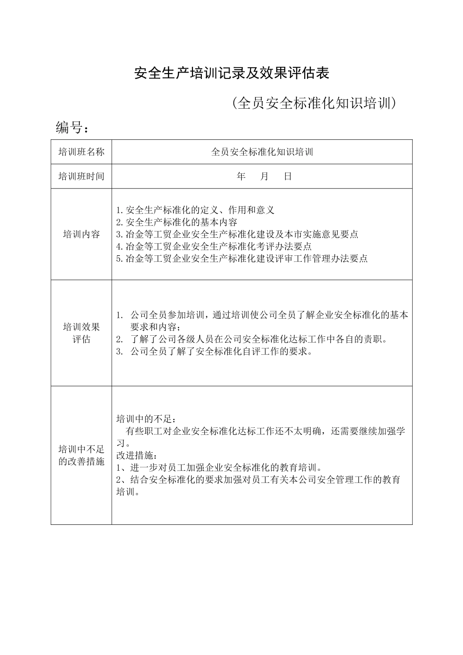 9.安全培训记录效果评估表（安全标准化知识培训）.doc_第1页