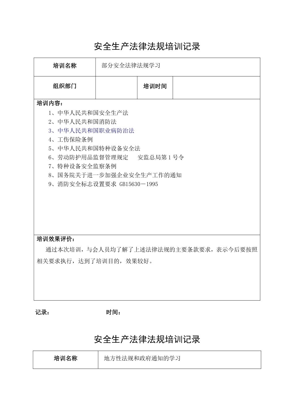 11.安全生产法律法规培训记录.doc_第1页