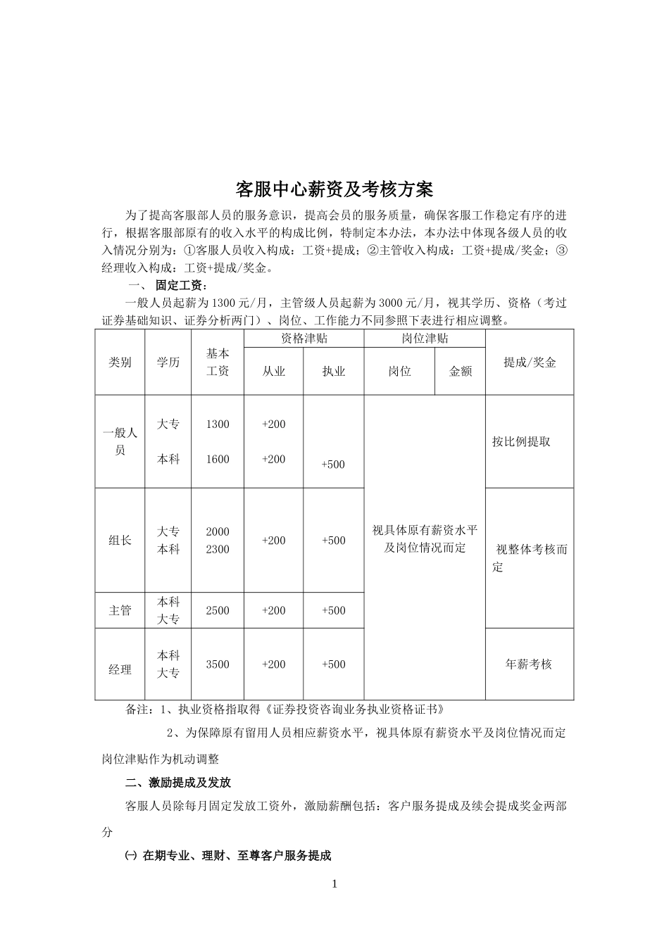 【精选】-36-客服中心提成方案.doc_第1页