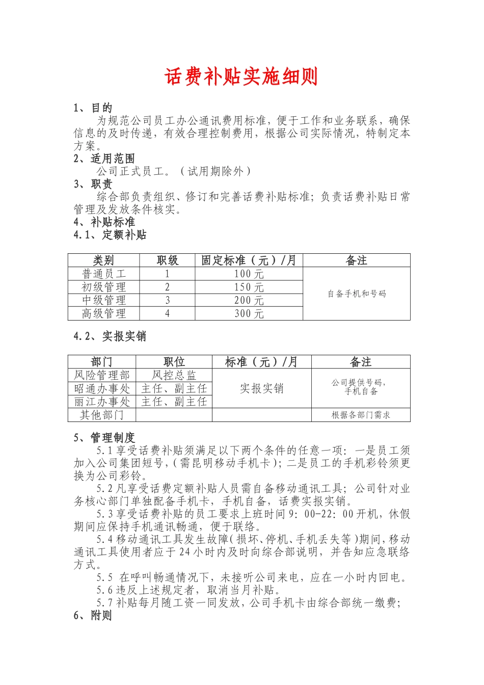 【管理制度】-5-话费补贴实施细则.doc_第1页