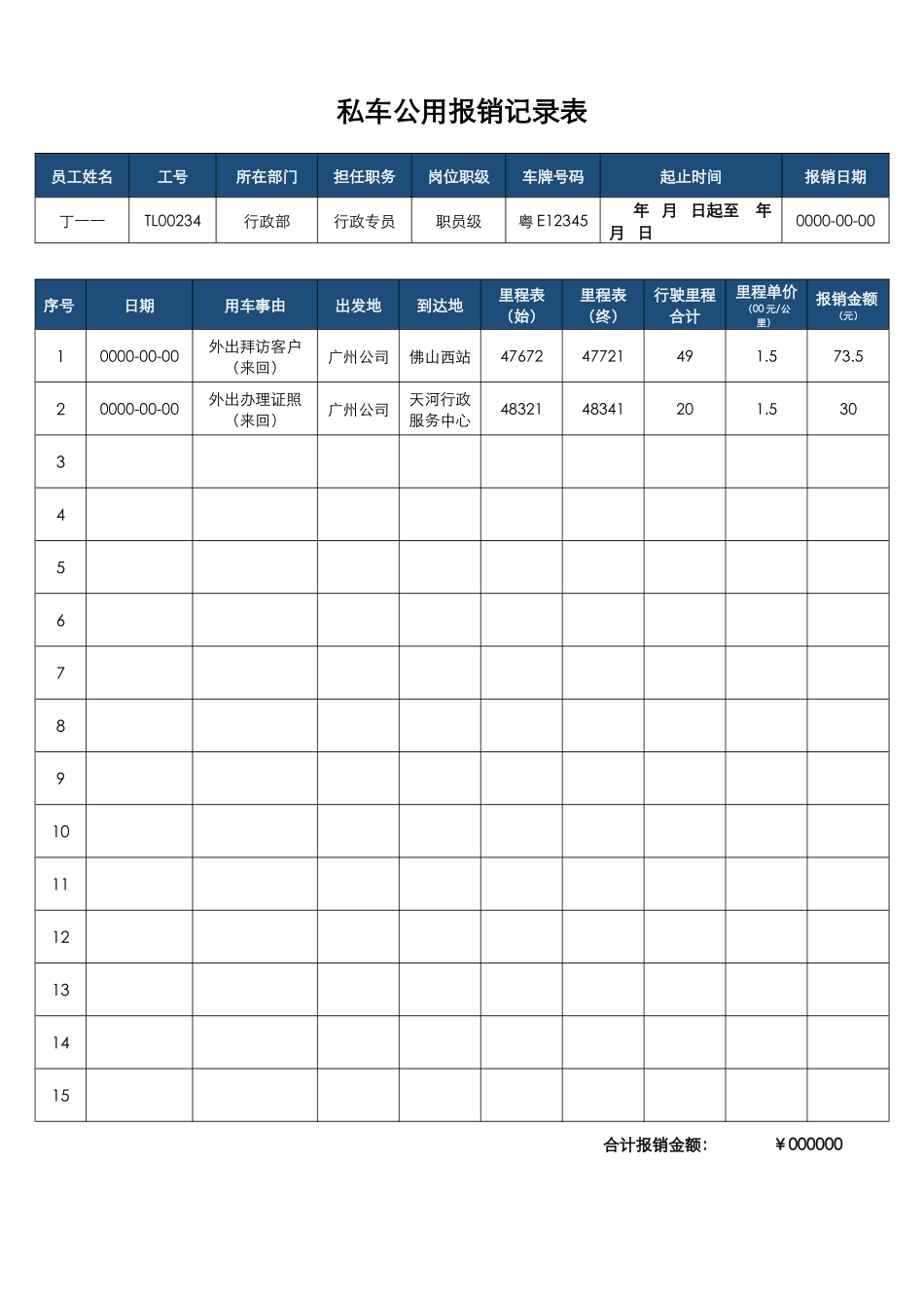 02-【私车管理】-10-私车公用报销记录表.docx_第1页