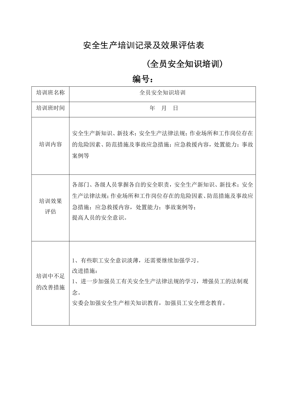 11.安全培训记录效果评估表（全员安全知识培训）.doc_第1页