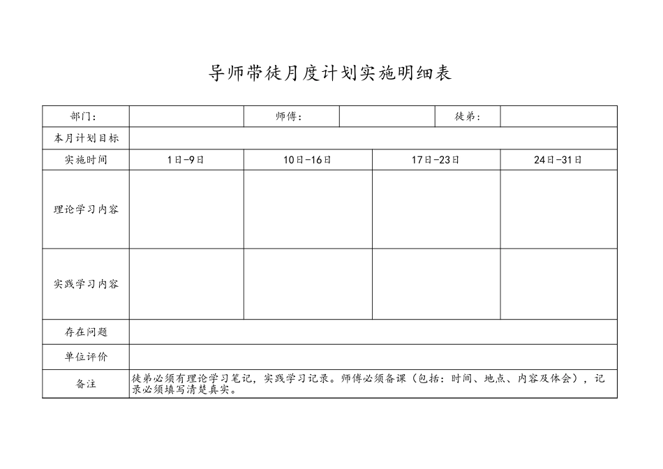 导师带徒月度计划实施明细表.xls_第1页