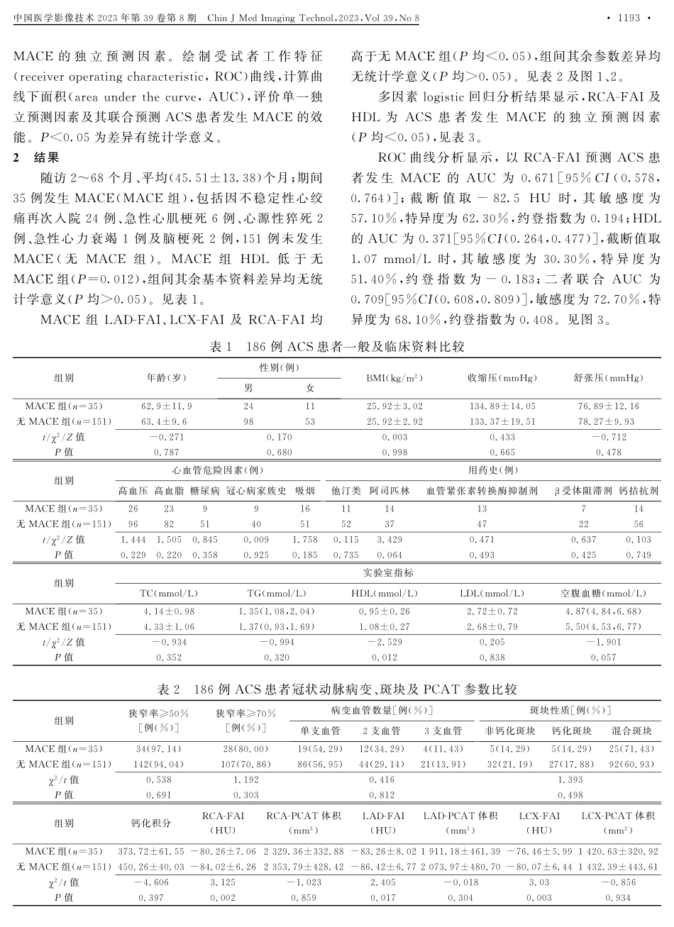 冠状动脉周围脂肪参数联合临床指标预测急性冠状动脉综合征主要不良心血管事件.pdf_第3页