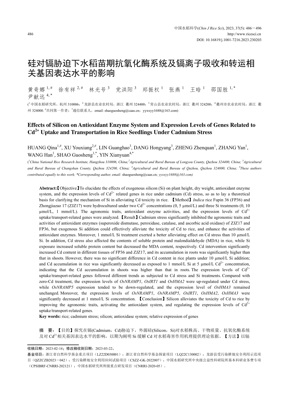 硅对镉胁迫下水稻苗期抗氧化酶系统及镉离子吸收和转运相关基因表达水平的影响.pdf_第1页