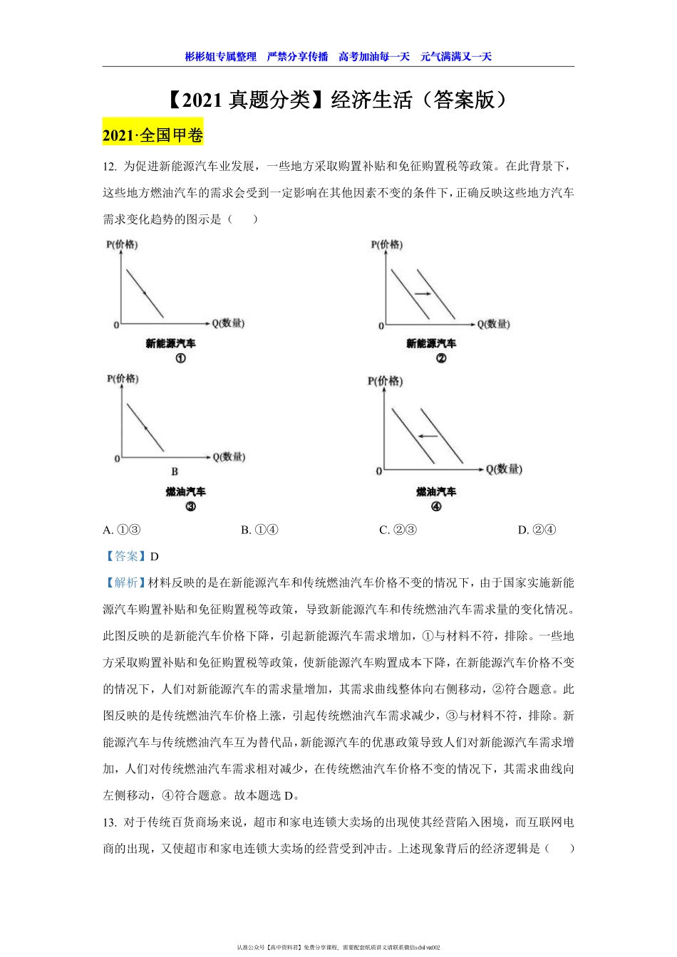 【 2 0 2 1 真 题 分 类 】 经 济 生 活 （ 答 案 版 ） .pdf_第1页