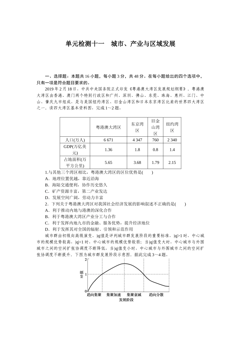 单元检测十一　城市、产业与区域发展.docx_第1页