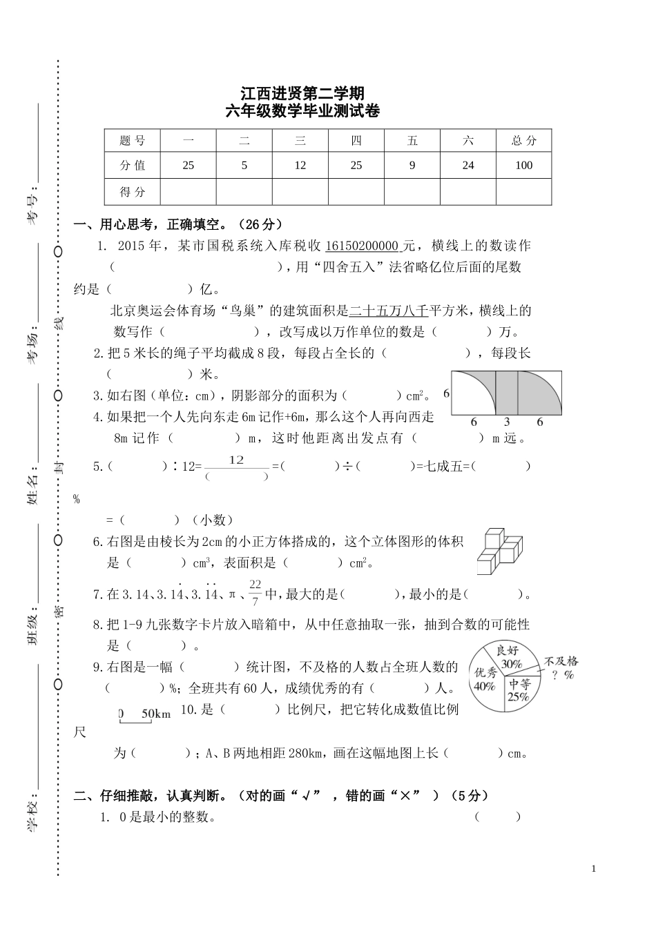 江西进贤第二学期六年级数学毕业测试卷.doc_第1页