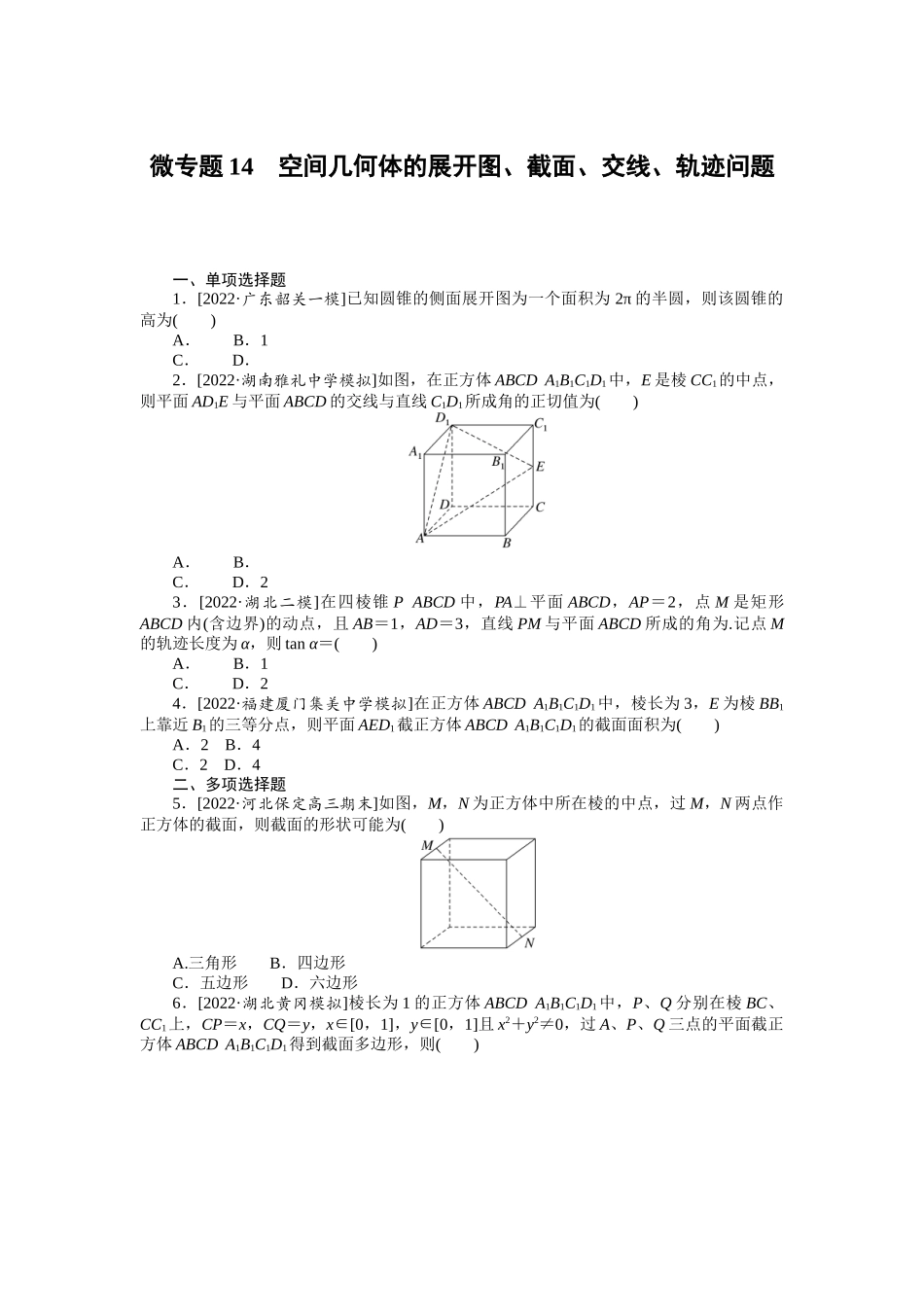 微专题14　空间几何体的展开图、截面、交线、轨迹问题.docx_第1页
