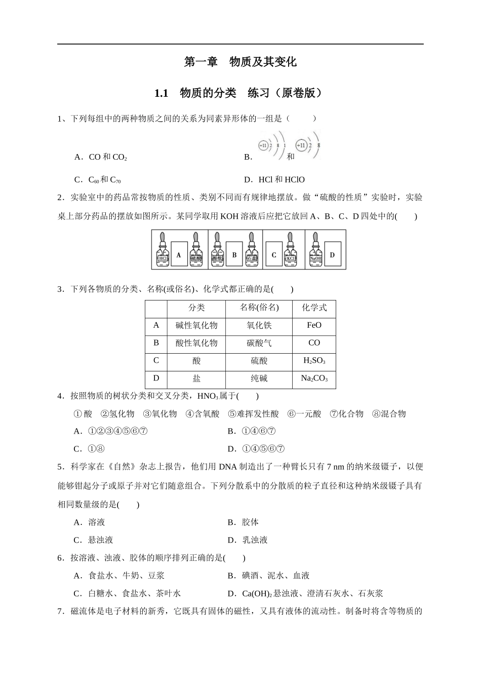 1.1 物质的分类 练习（原卷版）.docx_第1页