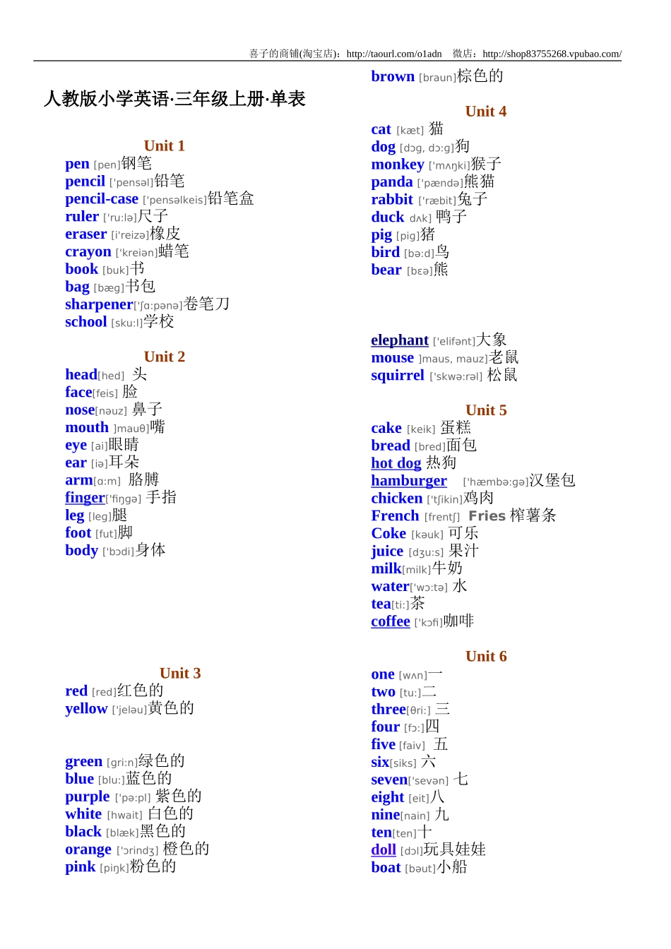 人教版PEP小学英语三年级·单词表(带有音标)(1).doc_第1页