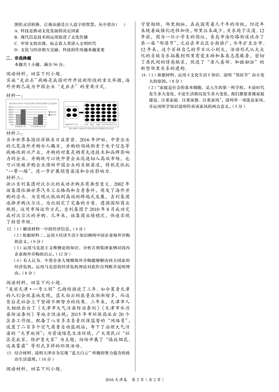 2 0 1 6 年 普 通 高 等 学 校 招 生 全 国 统 一 考 试 （ 天 津 卷 ） ： 政 治 .pdf_第2页