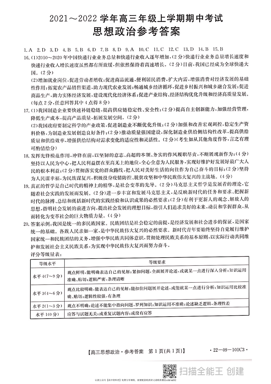 【 1 7 】 河 北 省 邢 台 市 “ 五 岳 联 盟 ” 2 0 2 1 - 2 0 2 2 学 年 高 三 上 学 期 期 中 考 试 政 治 参 考 答 案.pdf_第1页
