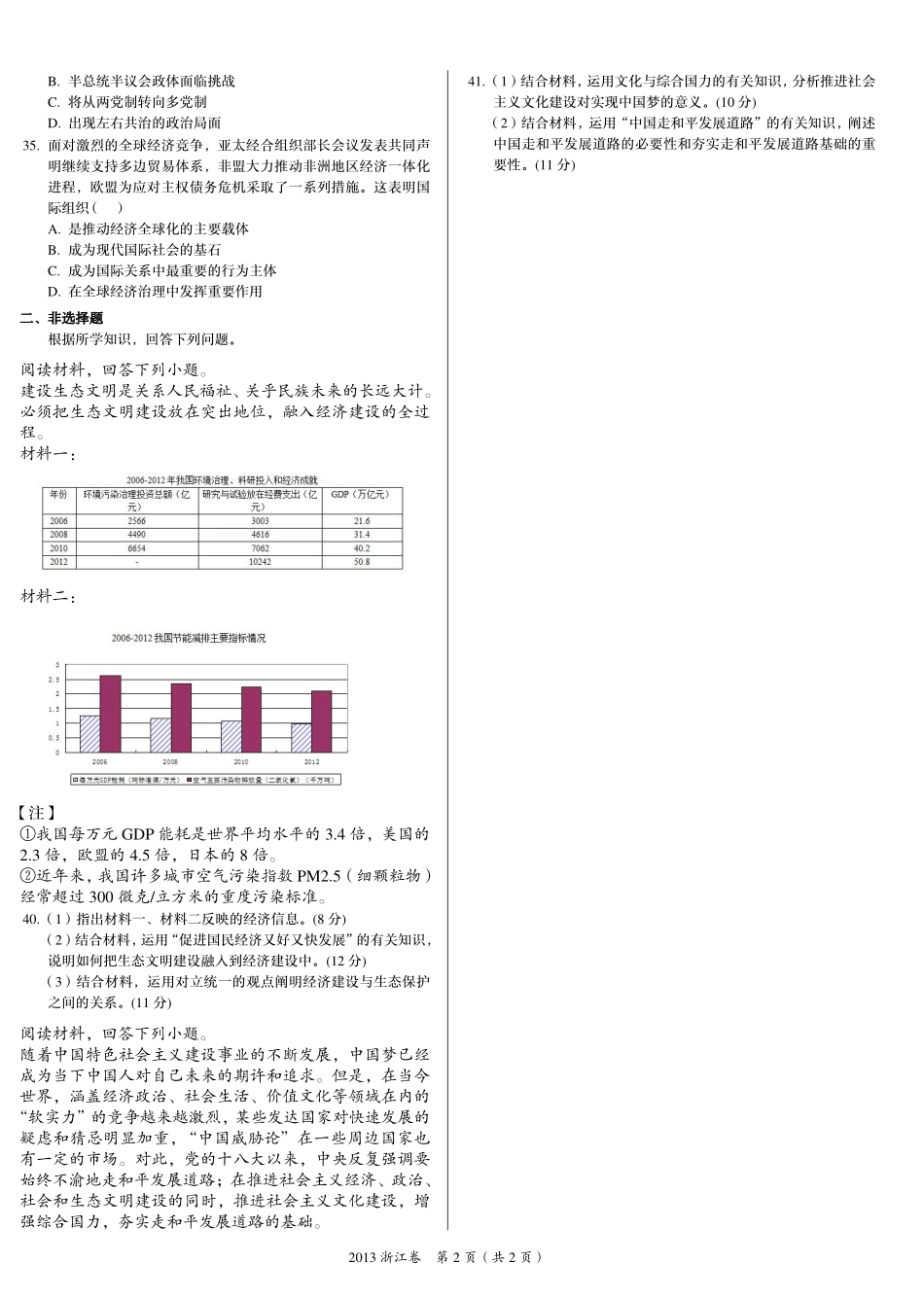 2 0 1 3 年 普 通 高 等 学 校 招 生 全 国 统 一 考 试 （ 浙 江 卷 ） ： 政 治 .pdf_第2页
