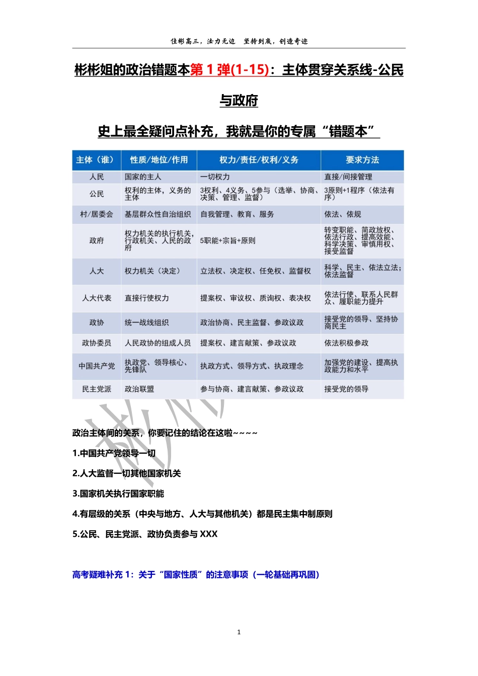 彬 彬 姐 的 政 治 错 题 本 第 1 弹 ： 主 体 贯 穿 主 线 - 公 民 参 与 和 政 府 履 职 补 充 笔 记 .pdf_第1页