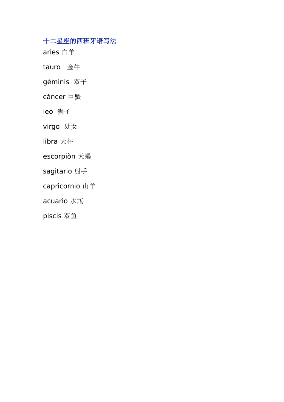 词汇-十二星座的西班牙语写法.doc_第1页