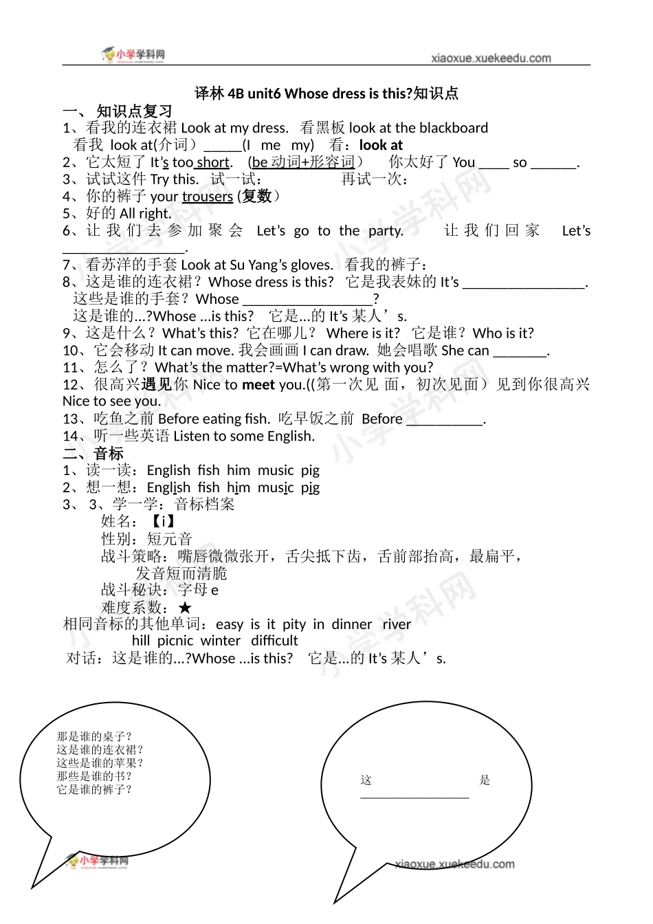 四年级下英语知识点归纳-unit6 Whose dress is this？译林版（三起）.doc_第1页