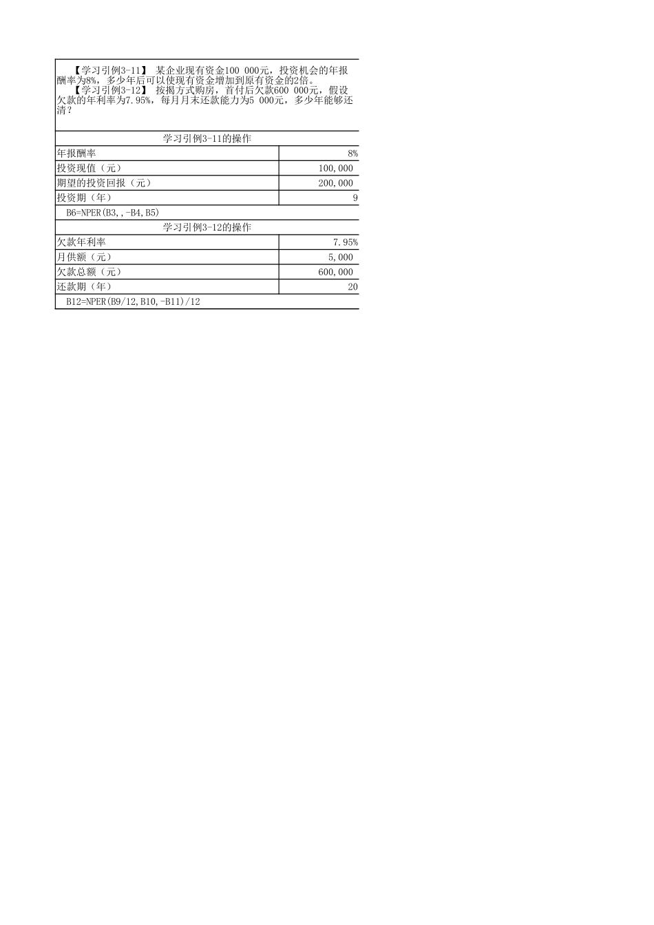 学习任务3-6Excel在投资期或还贷期分析中的应用（2个实例）.xlsx_第1页
