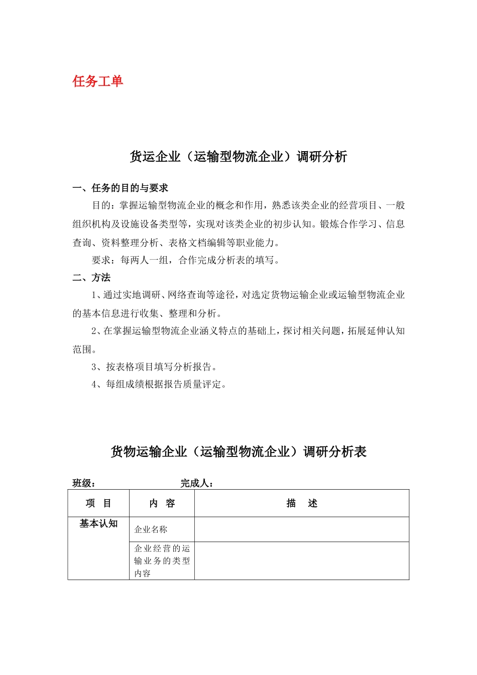 运输管理实务-素材库-第1章-任务工单-货物运输企业调研表.doc_第1页
