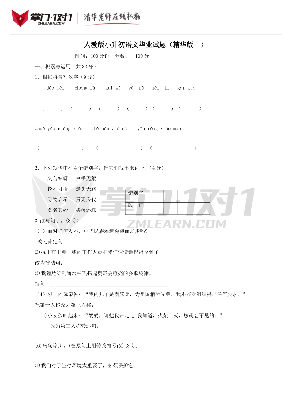 人教版小升初语文毕业试题（精华版一）.doc_第1页