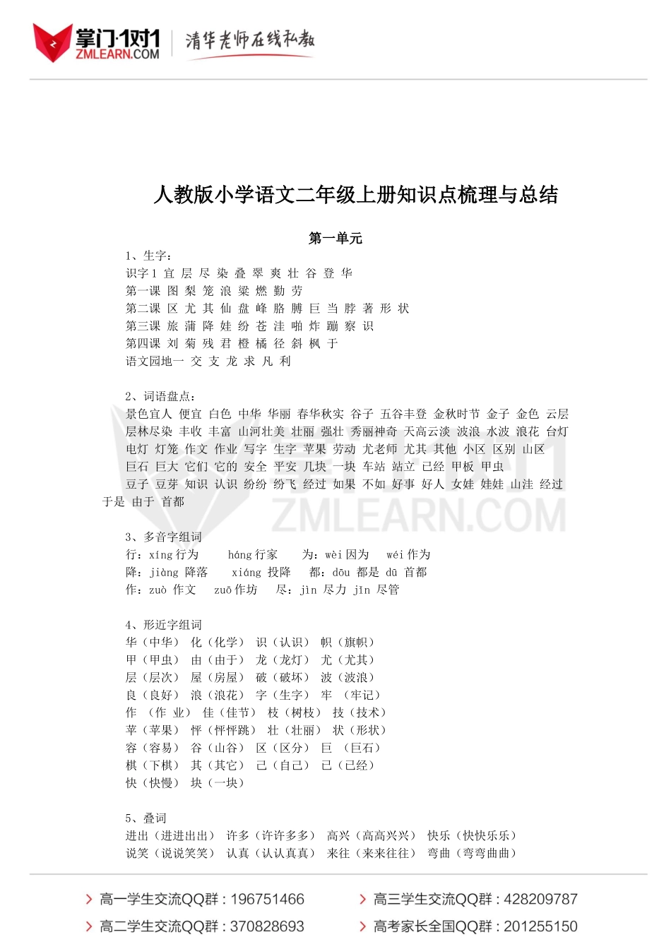 人教版小学语文二年级上册知识点梳理与总结.docx_第1页