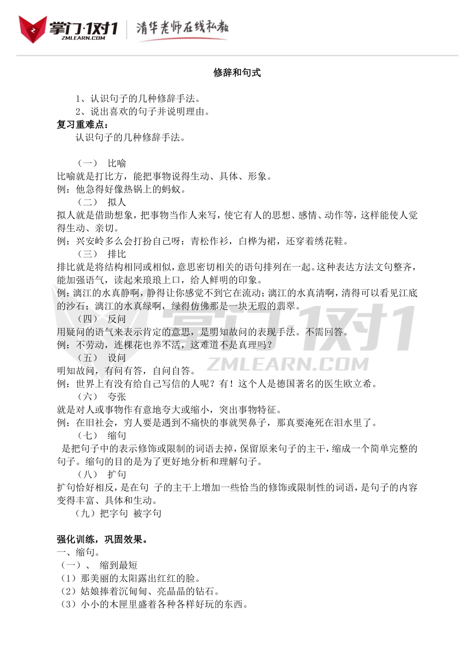 小升初知识点专项复习：句子复习(修辞+句式）.doc_第1页