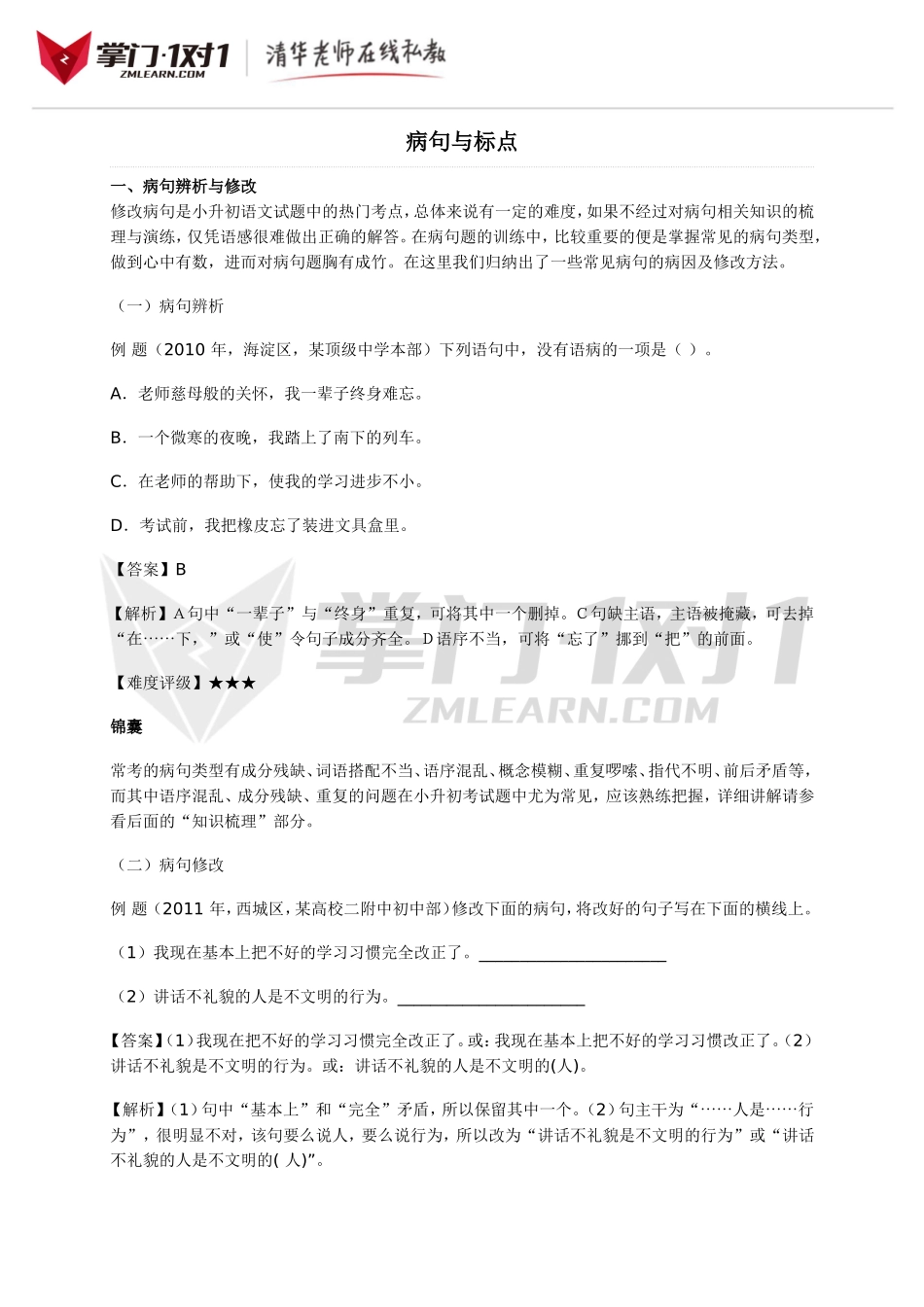 小升初知识点专项复习：病句与标点.doc_第1页