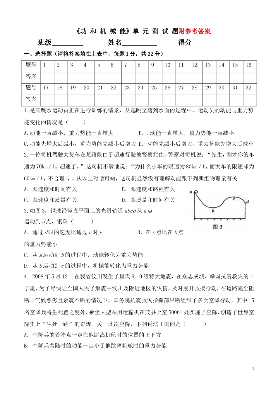 功和机械能单元测试题.doc_第1页