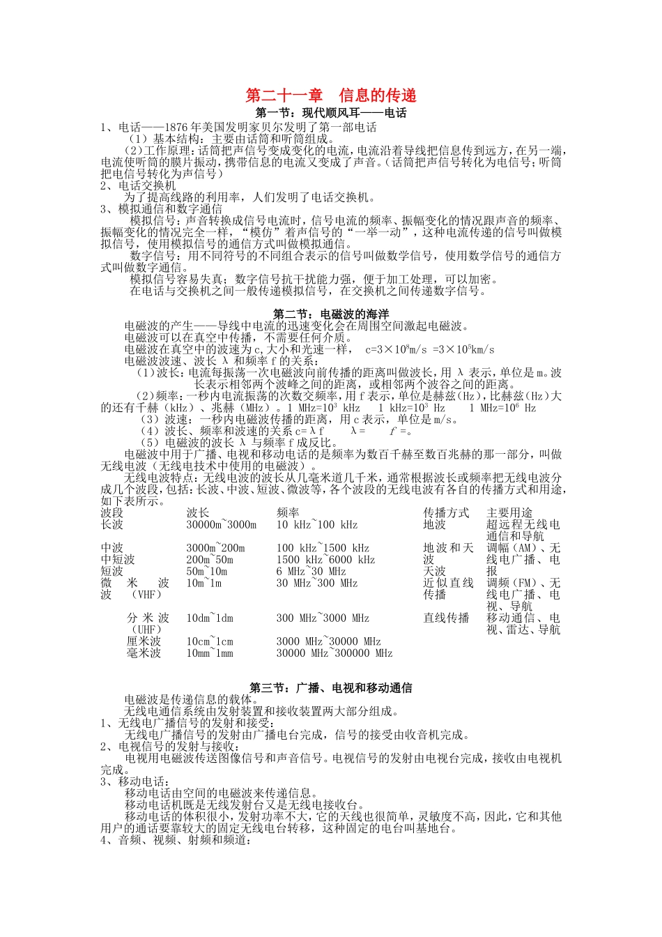 九年级物理全册-第二十一章-信息的传递知识点汇总-(新版)新人教版.doc_第1页