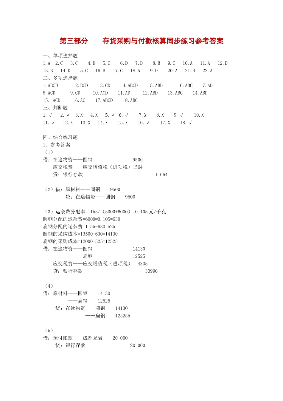 第三部分 存货采购与付款同步练习与实训参考答案9.doc_第1页
