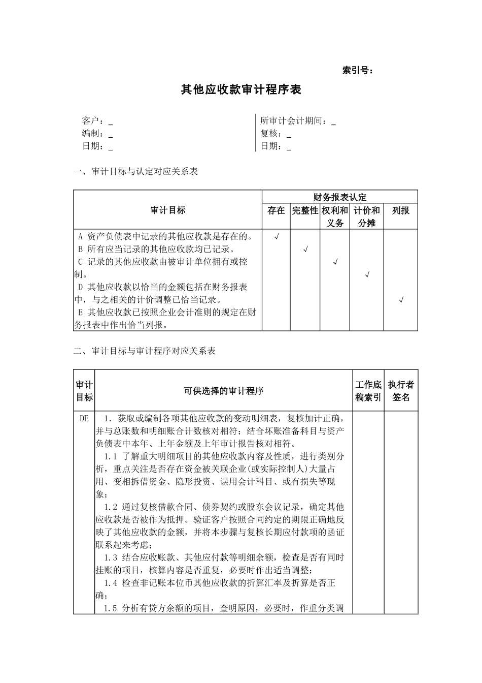 其他应收款审计程序表.docx_第1页