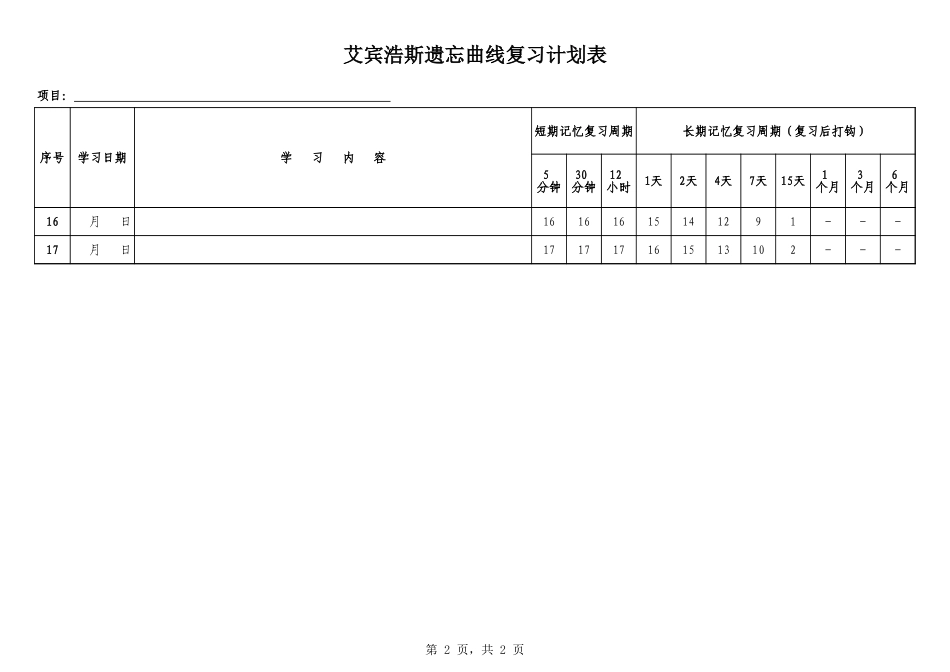 艾宾浩斯-复习计划表格.xls_第2页