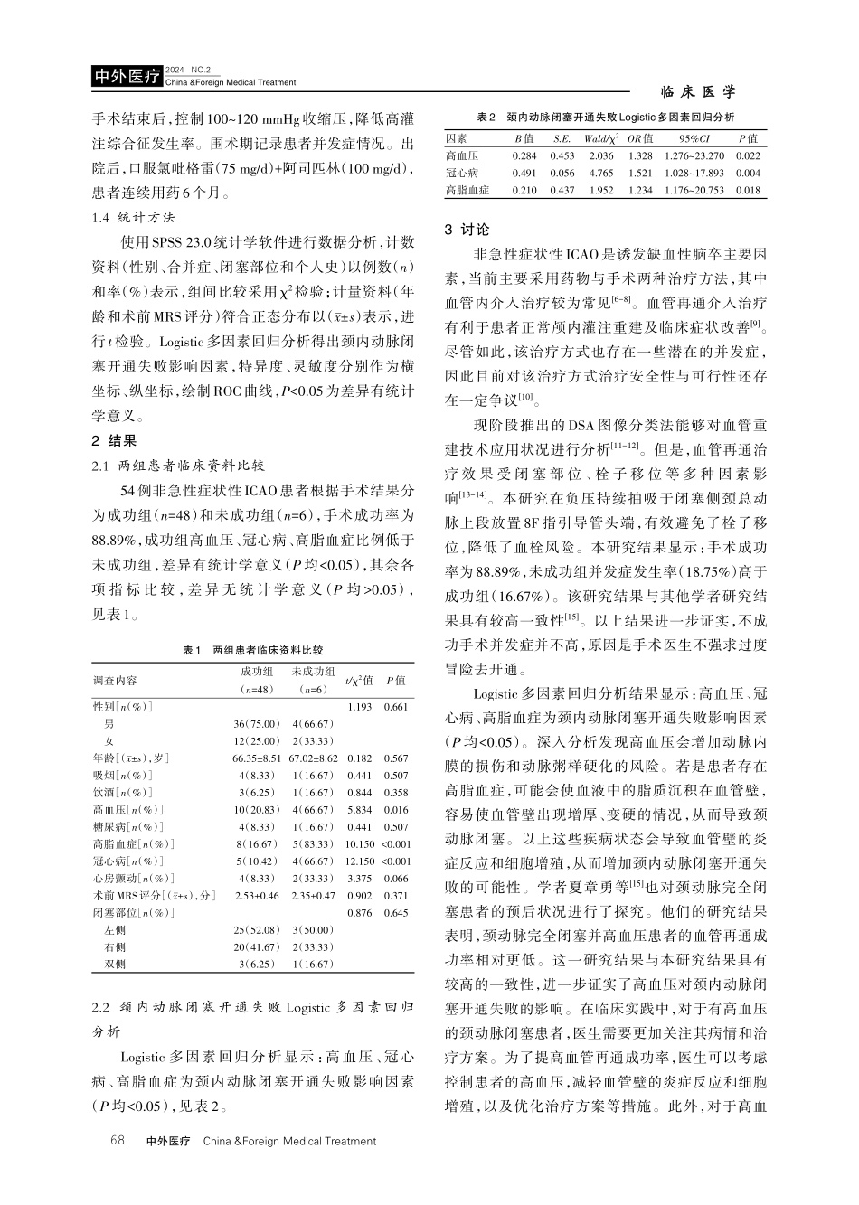 非急性症状性颈内动脉闭塞患者血管内再通治疗失败的影响因素分析.pdf_第3页