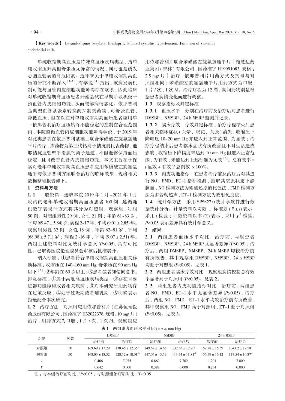 苯磺酸左旋氨氯地平联合依那普利治疗老年单纯收缩期高血压的效果及对血管内皮细胞功能的影响探析.pdf_第2页
